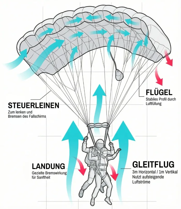 Illustration der Fallschirmkomponenten und ihrer Funktionen.
