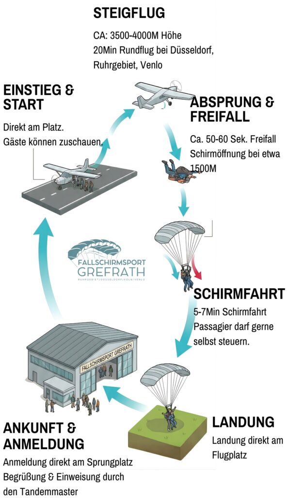 Ablauf eines Tandemsprungs bei Fallschirmsport Grefrath.