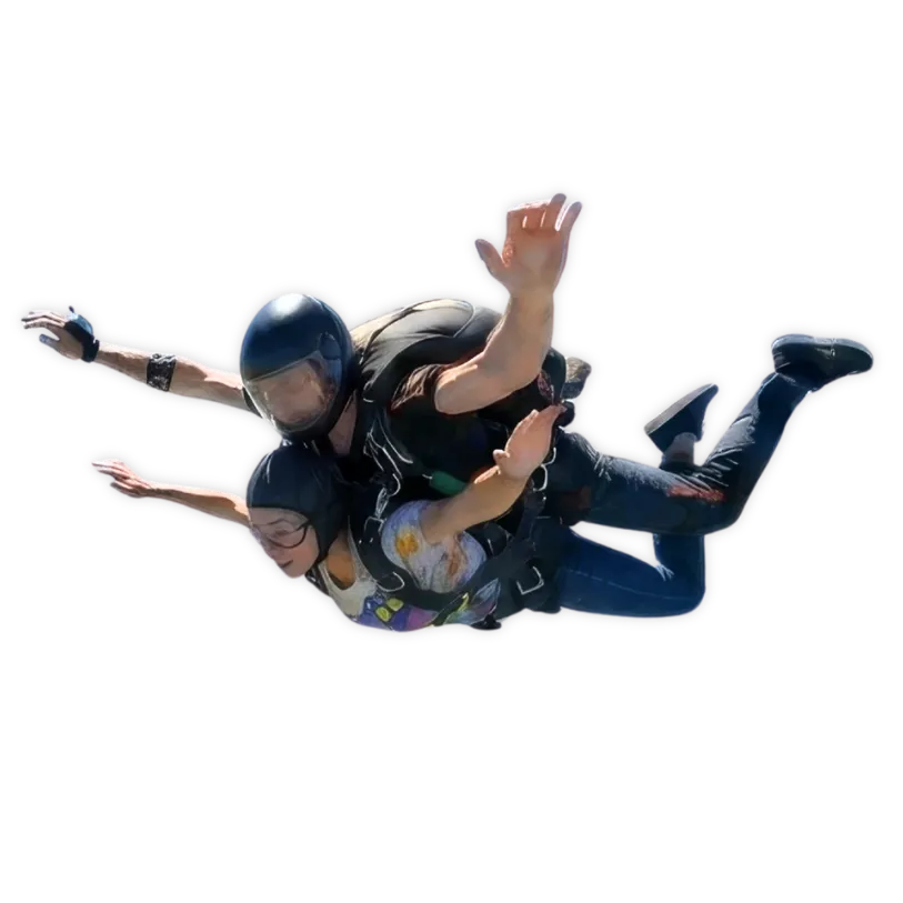 Tandemsprung mit Fallschirm vor schwarzem Hintergrund